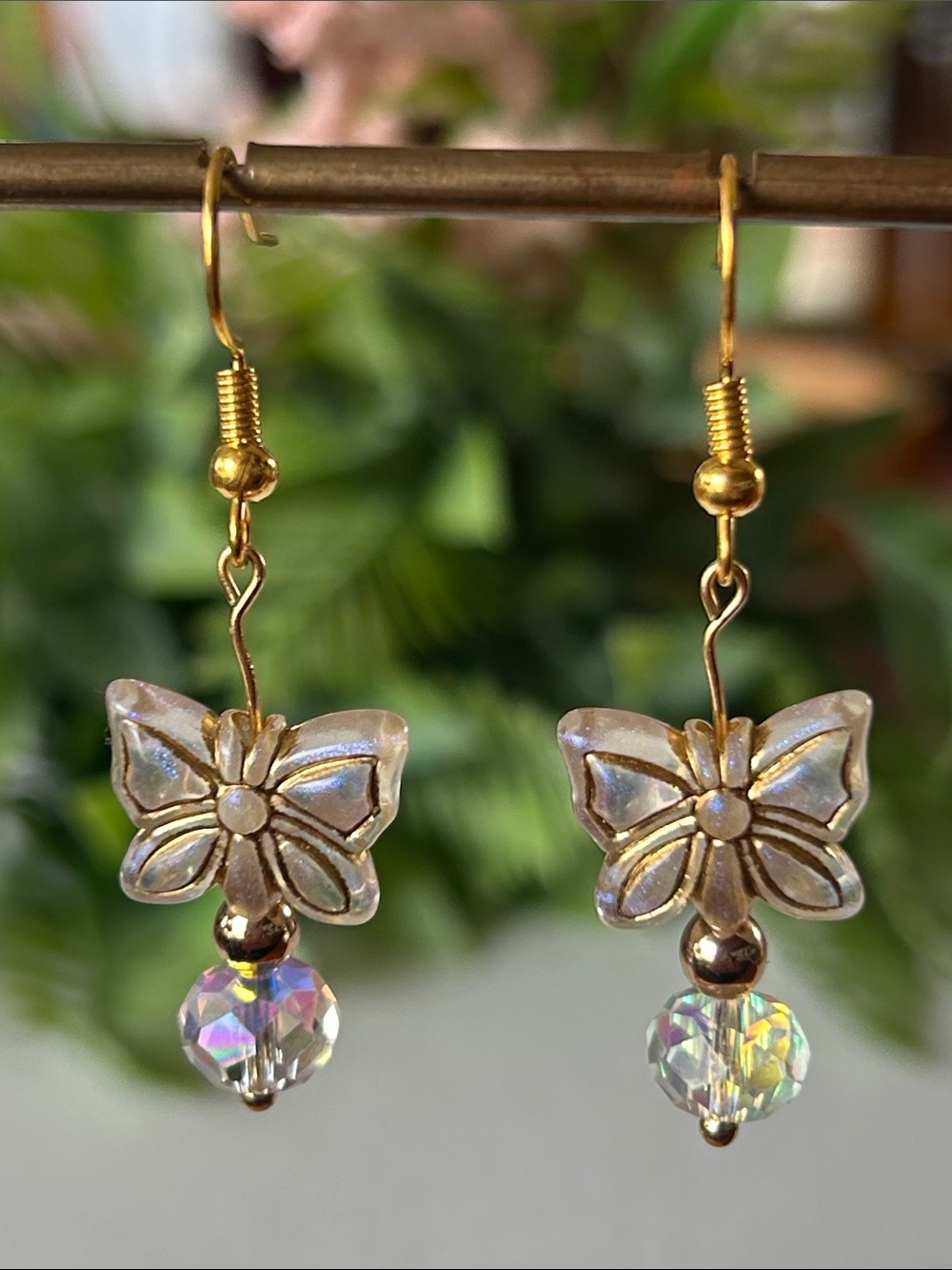 Gold Butterfly Drop Earrings with Iridescent Crystal Dangles